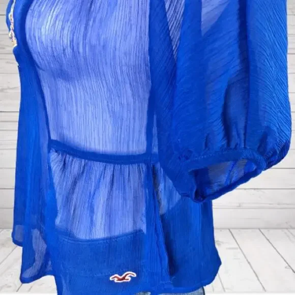Hollister Embroidered Sheer Top Womens Size XS Blue Boho Festival Crinkle - Picture 6 of 11
